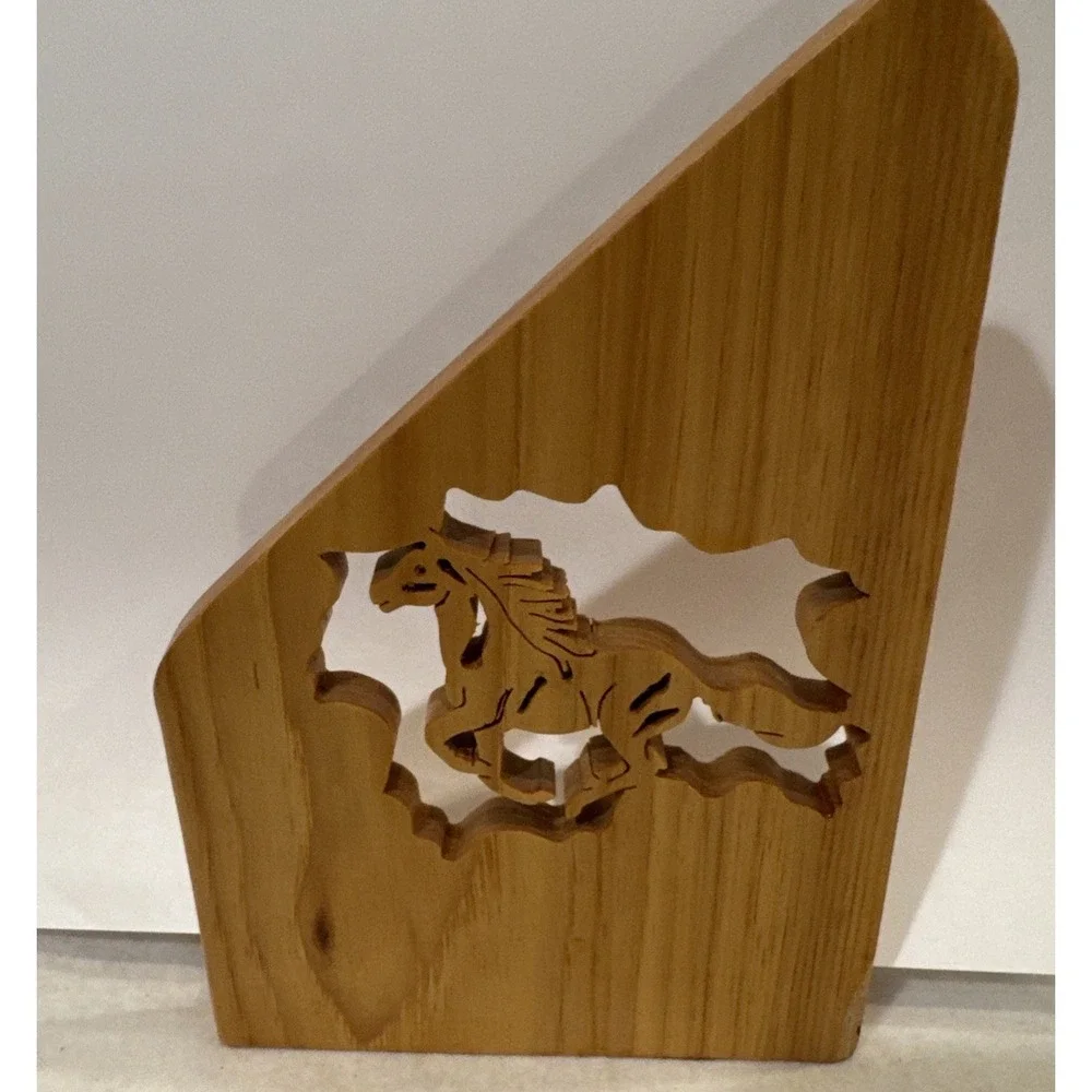 Vintage Carved Wood Napkin Holders Galloping Horse Light Oak Cabin Mountain West